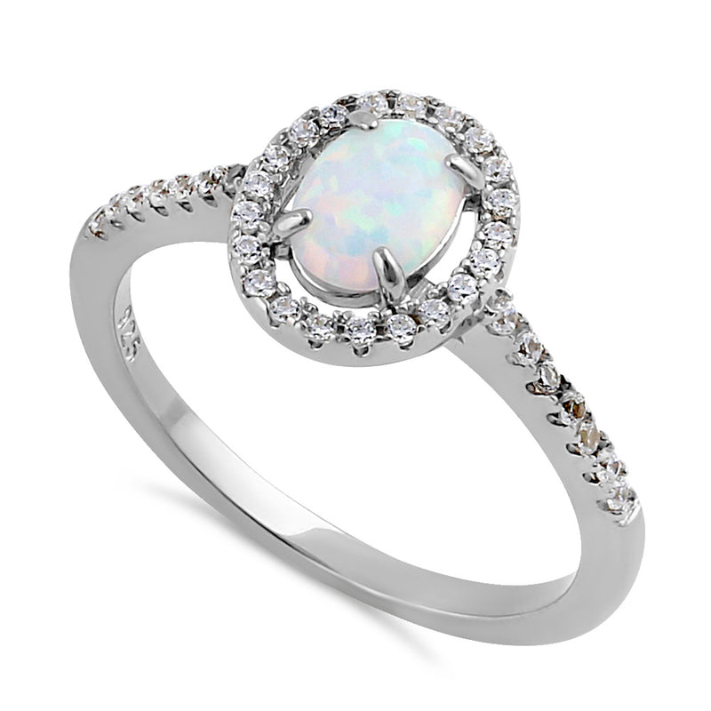 Sterling Silver White Lab Opal and Clear CZ Oval Halo Ring