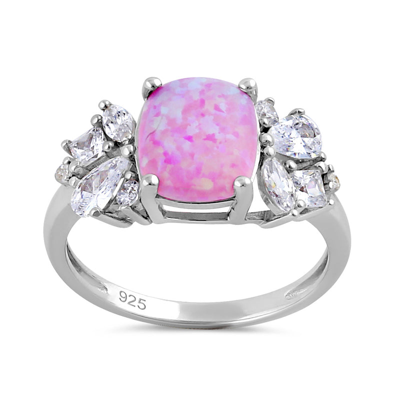 Sterling Silver Elegant Squoval Pink Lab Opal with Clear CZ Ring