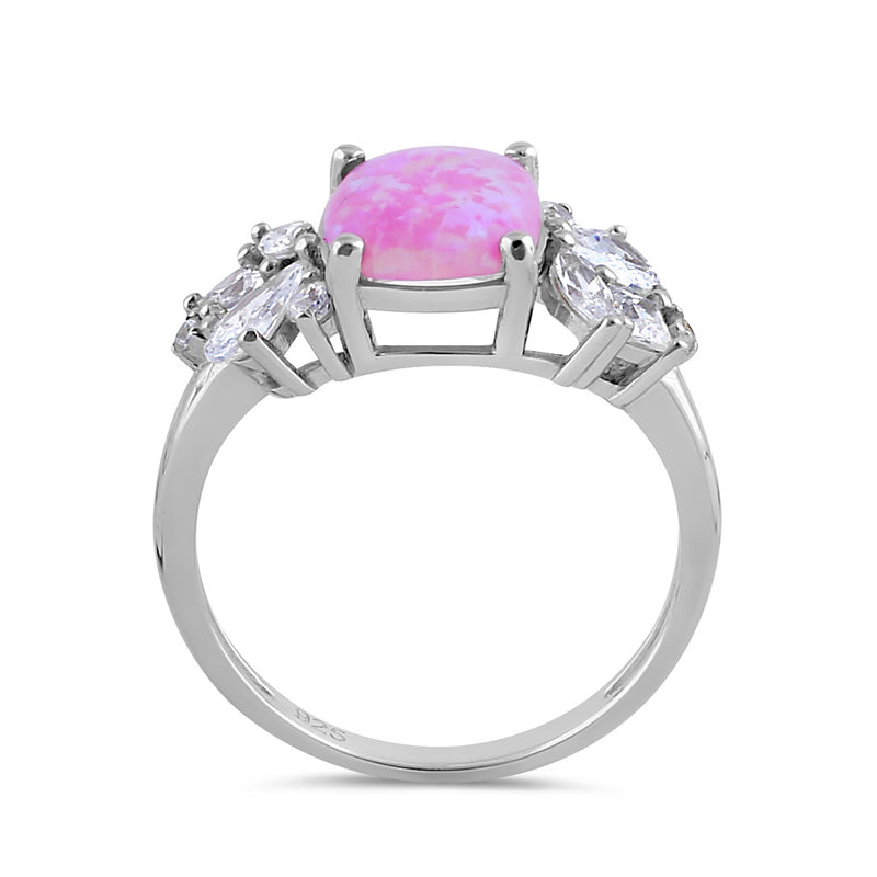 Sterling Silver Elegant Squoval Pink Lab Opal with Clear CZ Ring