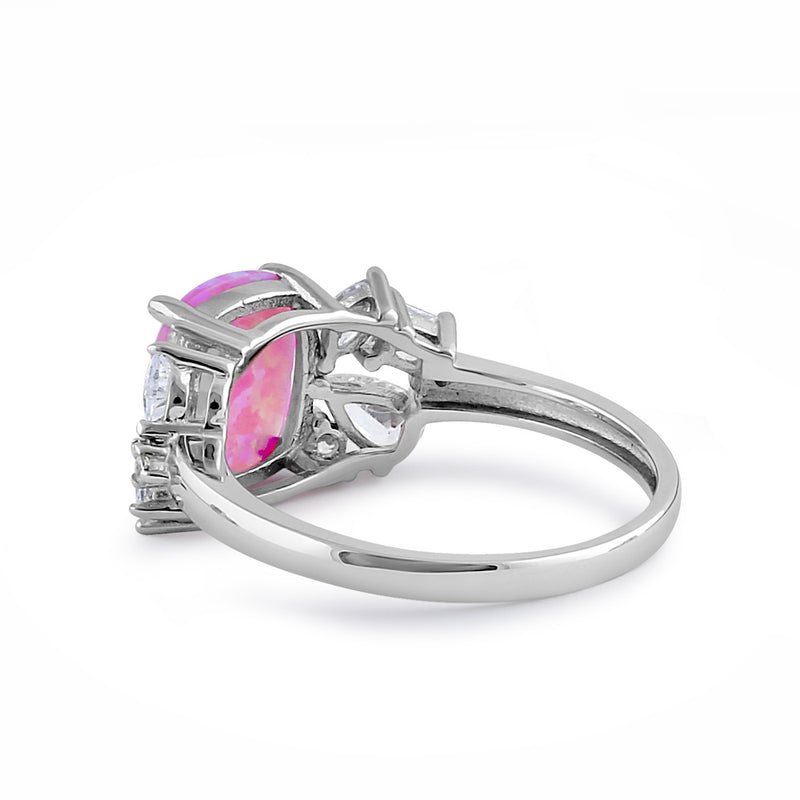 Sterling Silver Elegant Squoval Pink Lab Opal with Clear CZ Ring