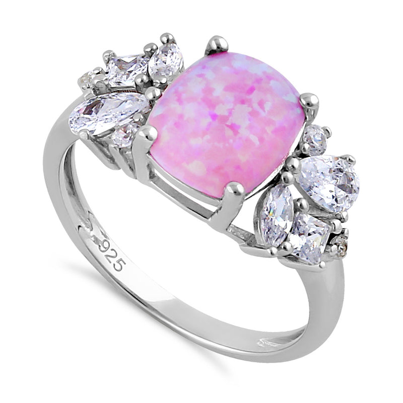 Sterling Silver Elegant Squoval Pink Lab Opal with Clear CZ Ring