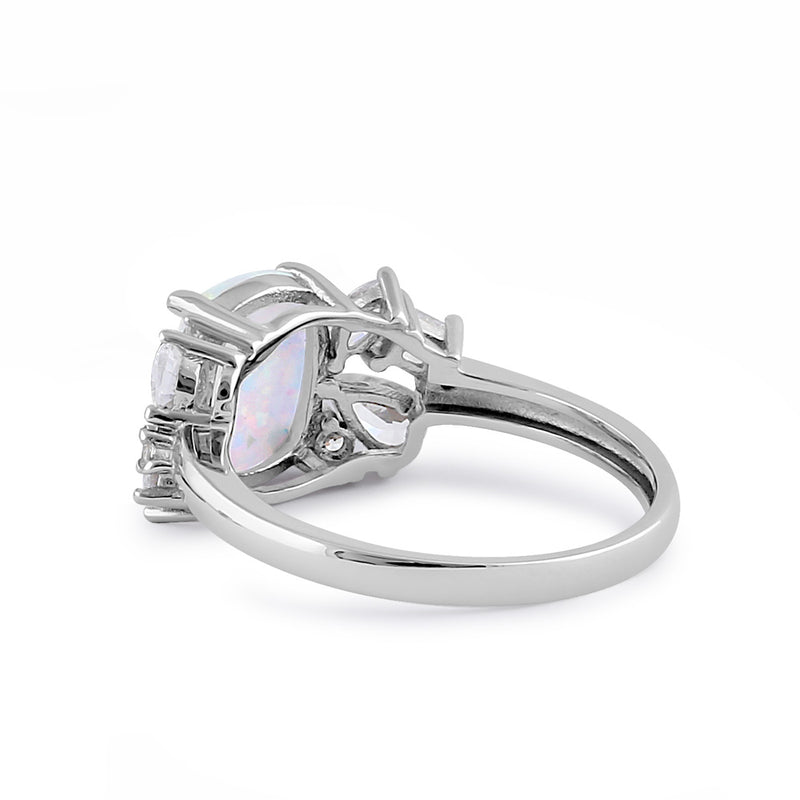 Sterling Silver Elegant Squoval White Lab Opal with Clear CZ Ring