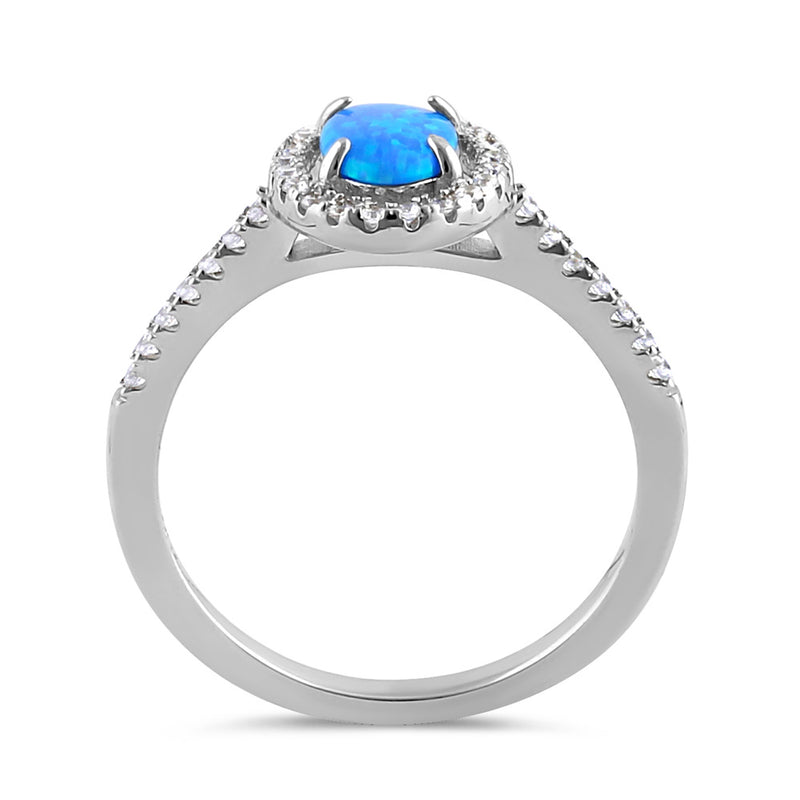 Sterling Silver Blue Lab Opal and Clear CZ Oval Halo Ring