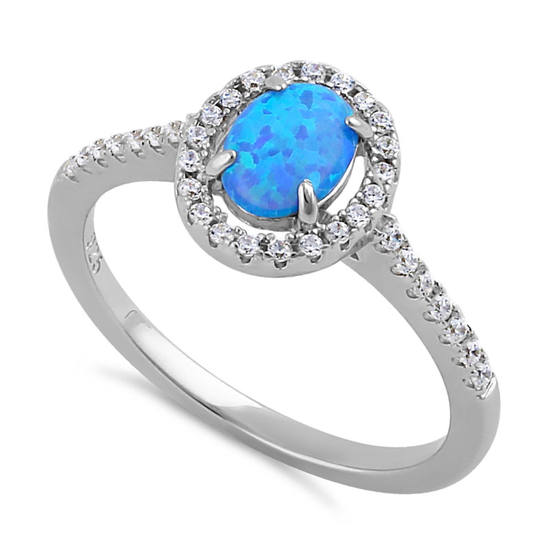 Sterling Silver Blue Lab Opal and Clear CZ Oval Halo Ring