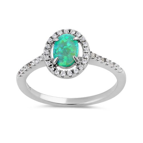 Sterling Silver Green Lab Opal and Clear CZ Oval Halo Ring