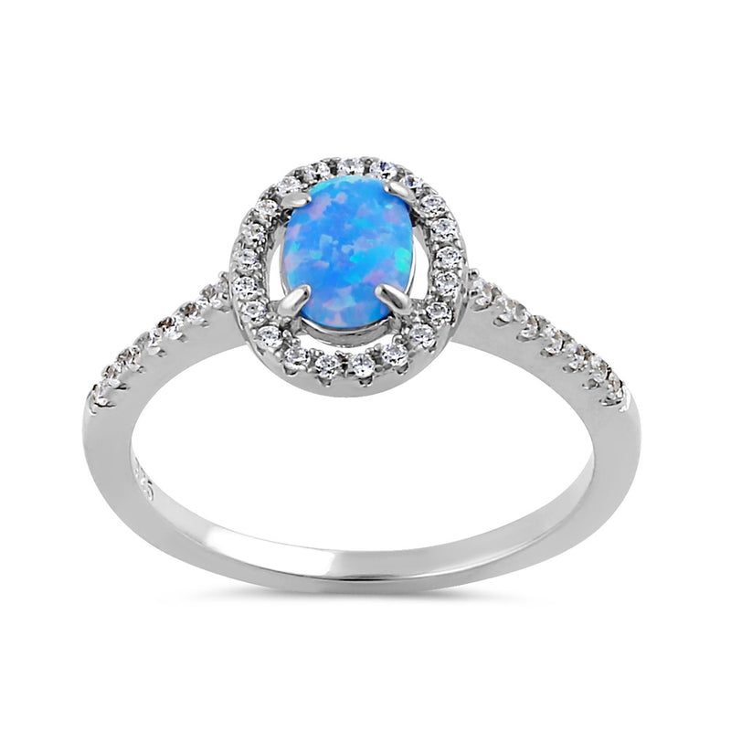 Sterling Silver Blue Lavender Lab Opal and Clear CZ Oval Halo Ring