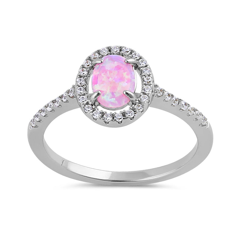 Sterling Silver Pink Lab Opal and Clear CZ Oval Halo Ring