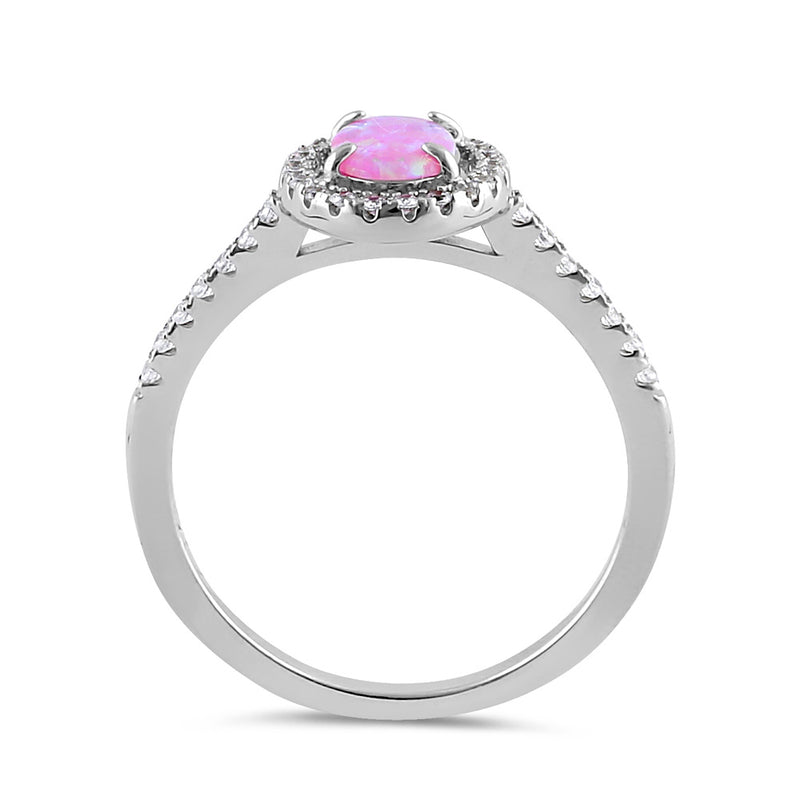 Sterling Silver Pink Lab Opal and Clear CZ Oval Halo Ring