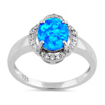 Sterling Silver Elegant Blue Lab Opal Oval Flower Halo CZ Ring