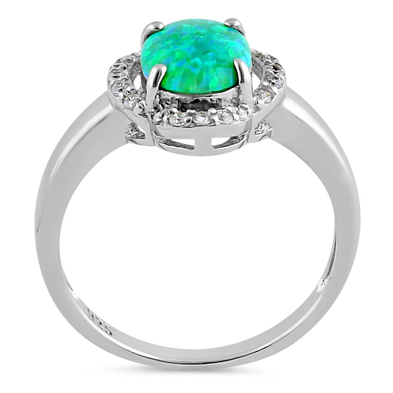 Sterling Silver Elegant Green Lab Opal Oval Flower Halo CZ Ring
