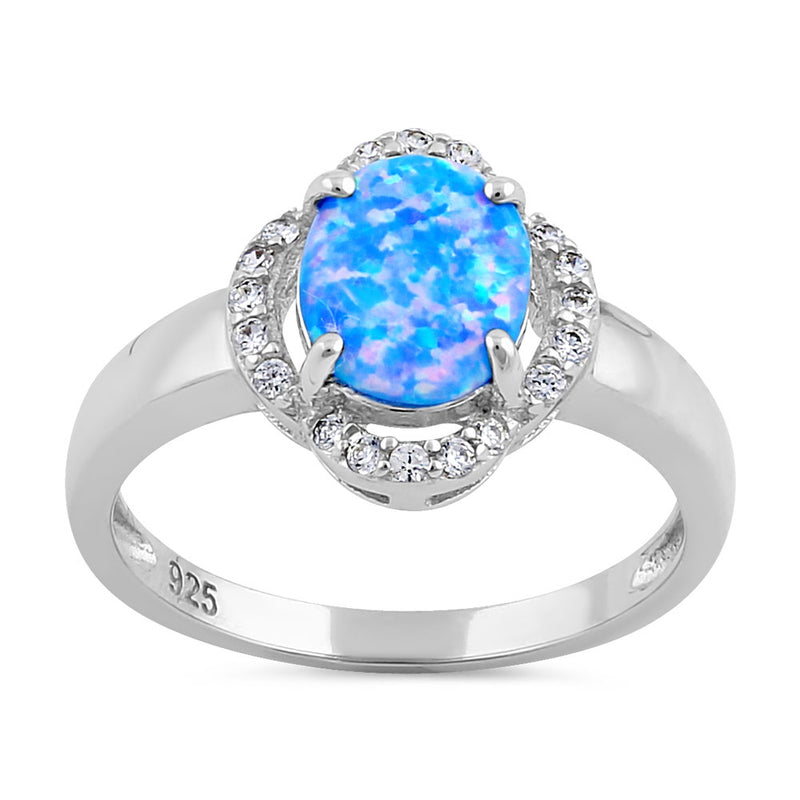 Sterling Silver Elegant Blue Lavender Lab Opal Oval Flower Halo CZ Ring