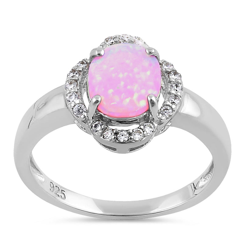 Sterling Silver Elegant Pink Lab Opal Oval Flower Halo CZ Ring
