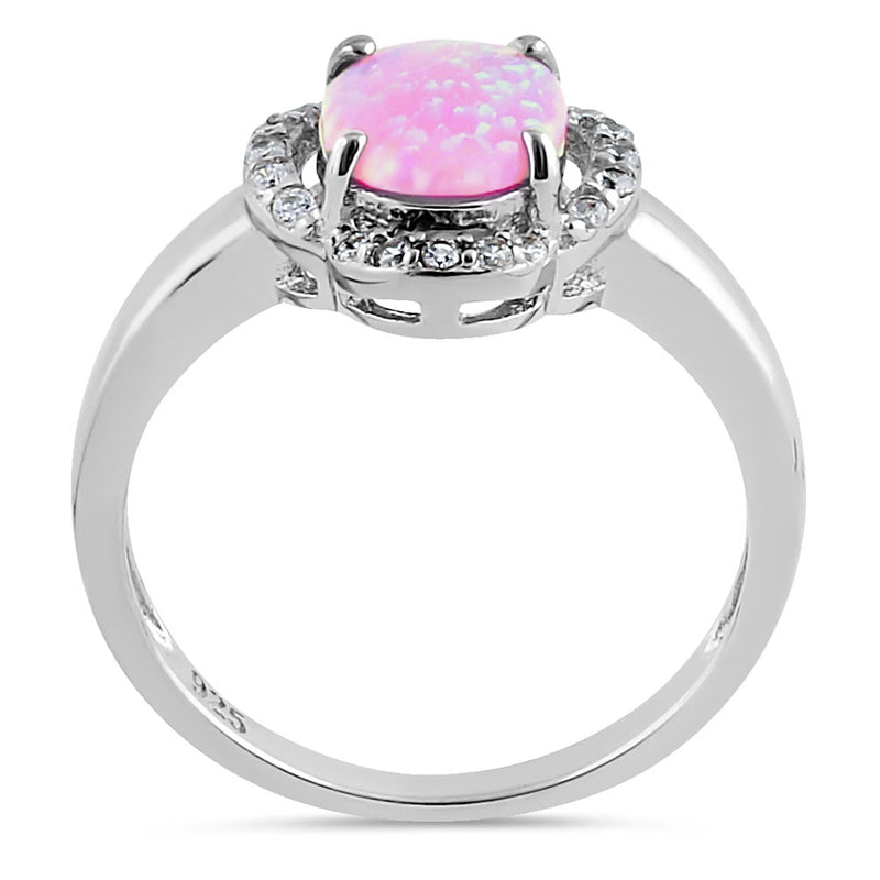 Sterling Silver Elegant Pink Lab Opal Oval Flower Halo CZ Ring