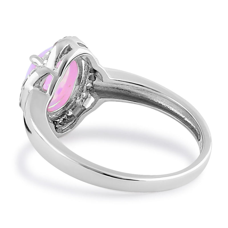 Sterling Silver Elegant Pink Lab Opal Oval Flower Halo CZ Ring