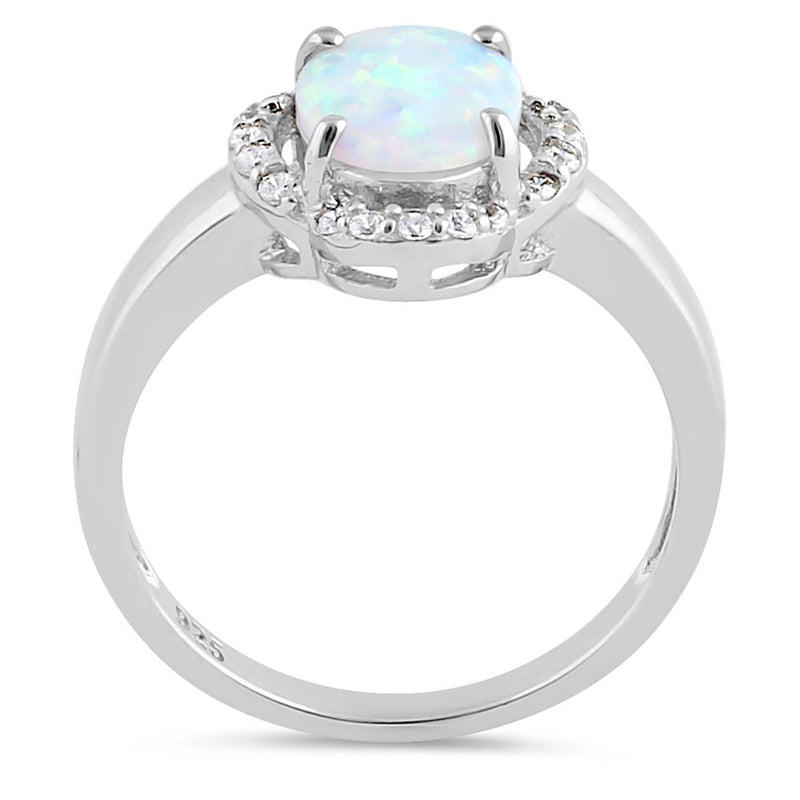 Sterling Silver Elegant White Lab Opal Oval Flower Halo CZ Ring