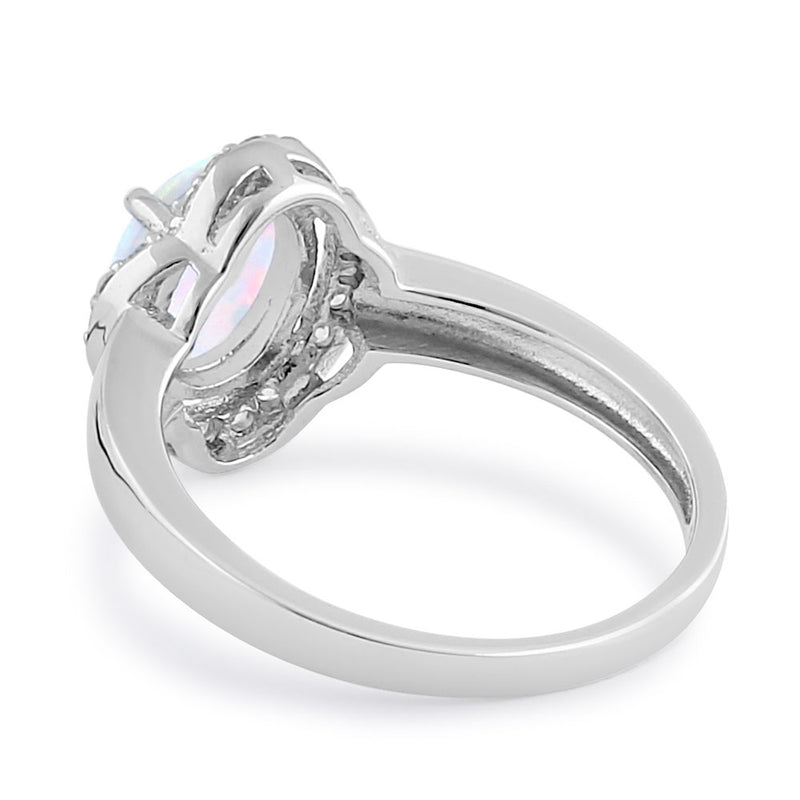 Sterling Silver Elegant White Lab Opal Oval Flower Halo CZ Ring