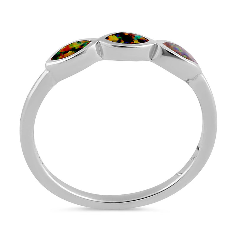 Sterling Silver Triple Marquise Black Lab Opal Ring