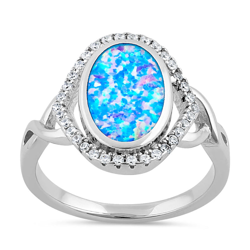 Sterling Silver Blue Lavender Lab Opal Oval Halo CZ Ring