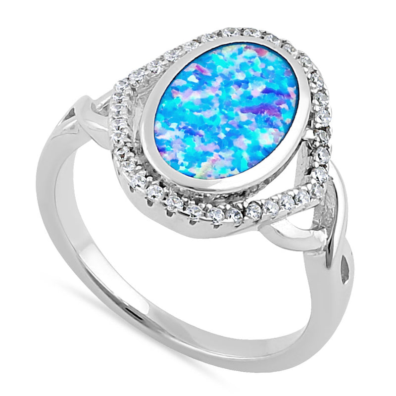 Sterling Silver Blue Lavender Lab Opal Oval Halo CZ Ring