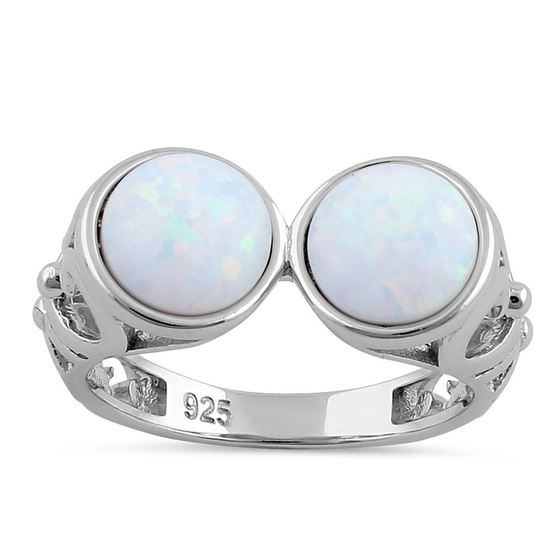 Sterling Silver Filigree White Lab Opal Double Sphere Ring