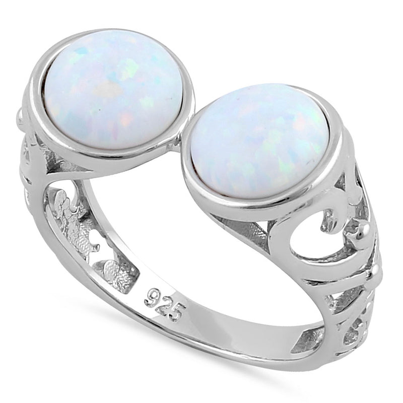 Sterling Silver Filigree White Lab Opal Double Sphere Ring