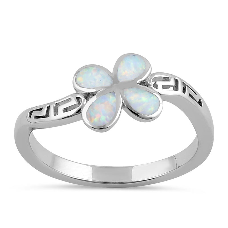 Sterling Silver Twist White Lab Opal Greek Petal Flower Ring