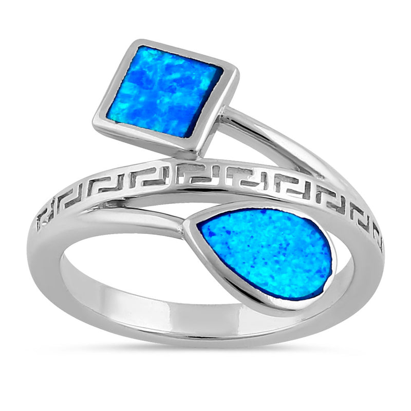 Sterling Silver Blue Lab Opal Greek Pear Square Ring