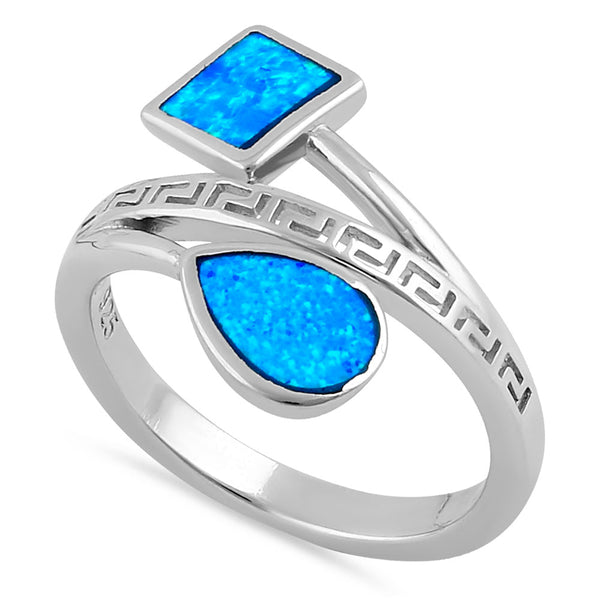 Sterling Silver Blue Lab Opal Greek Pear Square Ring