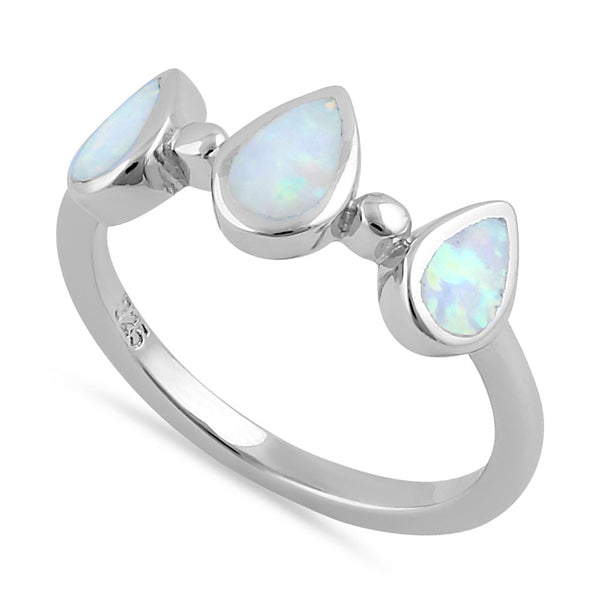 Sterling Silver White Lab Opal Pear Dropletes Ring