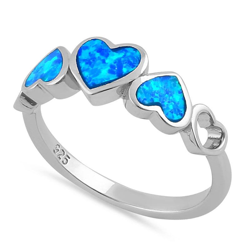 Sterling Silver Blue Lab Opal Sequence of Hearts Ring