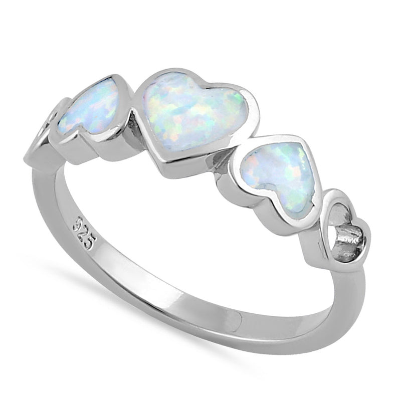 Sterling Silver White Lab Opal Sequence of Hearts Ring