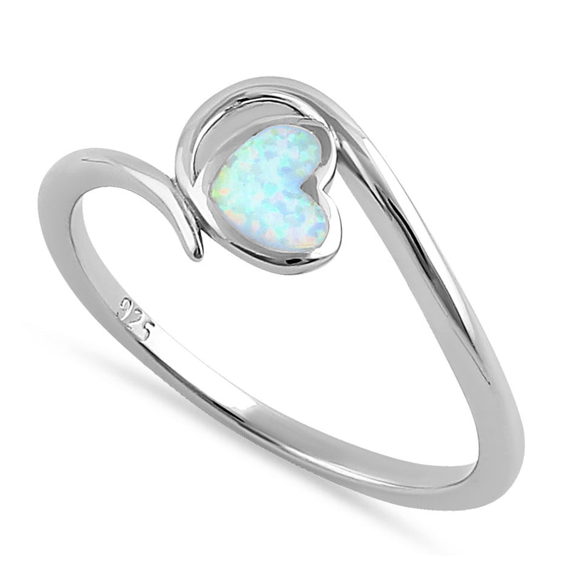 Sterling Silver White Lab Opal Heart in Wave Ring