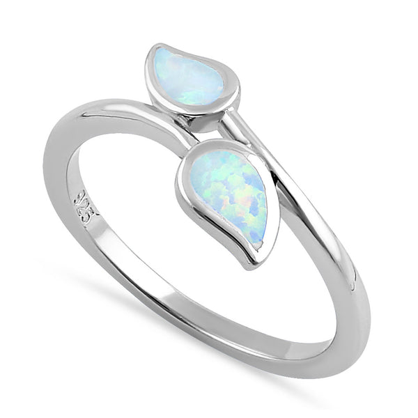 Sterling Silver White Lab Opal Double Leaf Wrap Ring