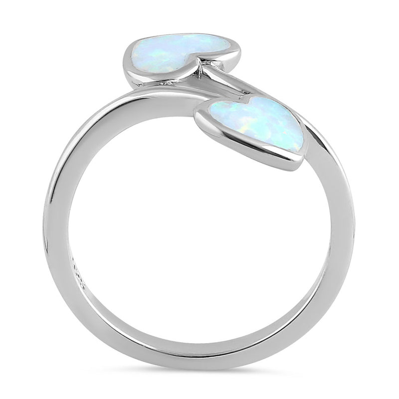 Sterling Silver White Lab Opal Double Heart Wrap Ring