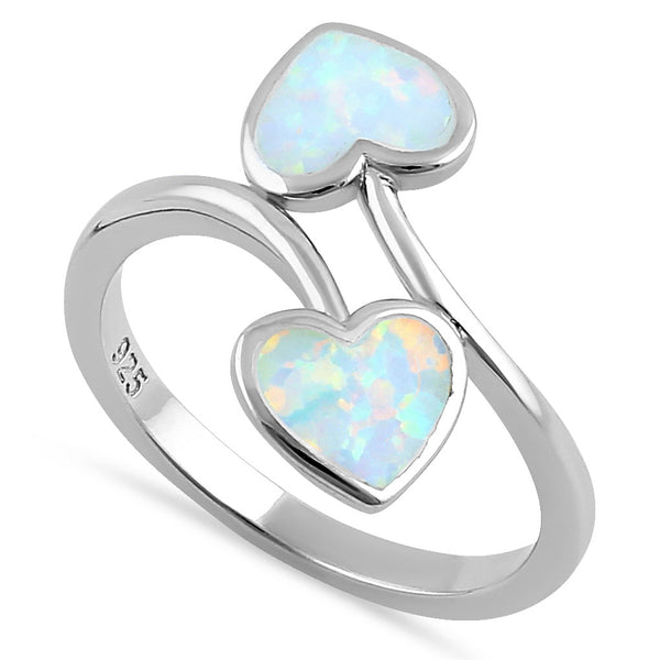Sterling Silver White Lab Opal Double Heart Wrap Ring