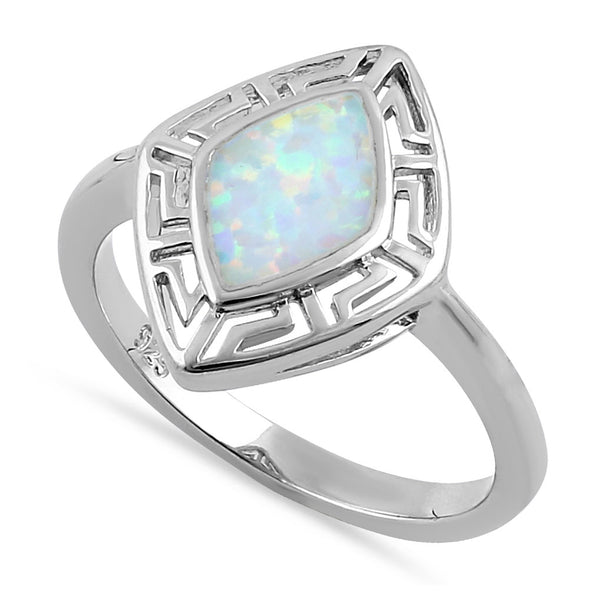 Sterling Silver White Lab Opal Greek Rhombus Ring