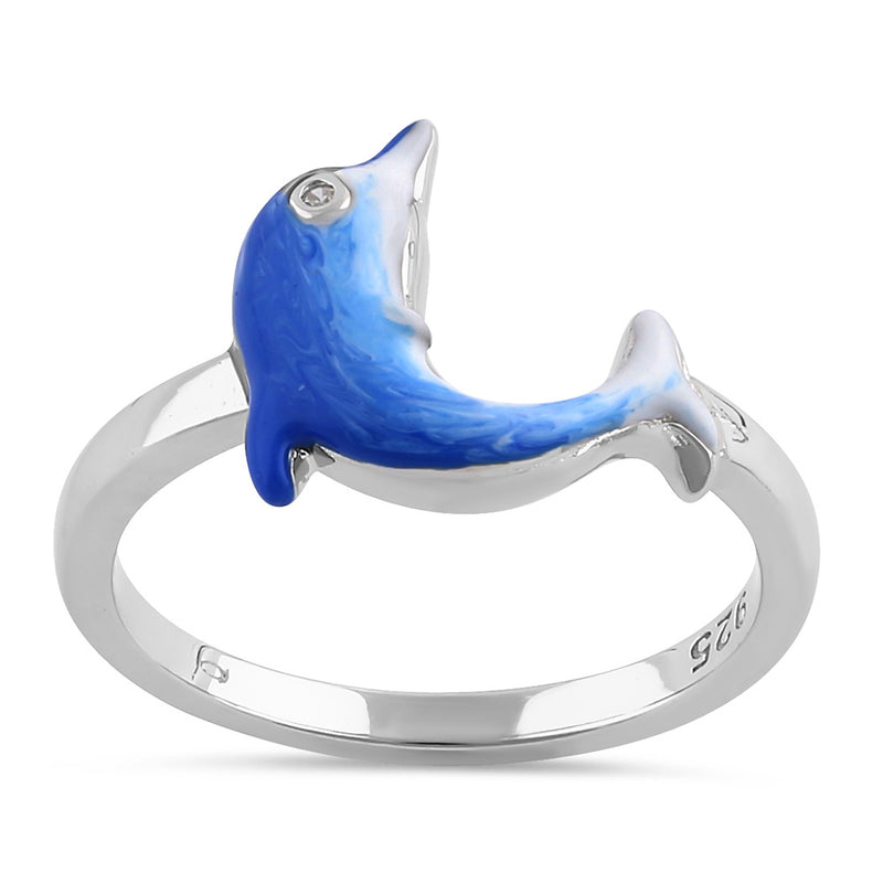 Sterling Silver Hand-Painted Dolphin Multi Colored Dolphin with CZ Ring