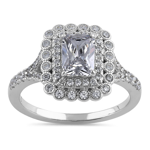 Sterling Silver Emerald-Cut Halo CZ Engagement Ring