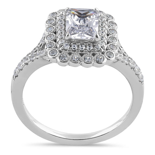 Sterling Silver Emerald-Cut Halo CZ Engagement Ring
