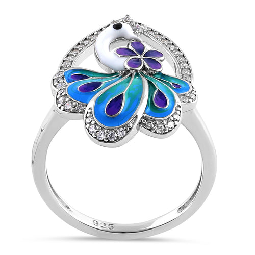 Sterling Silver Hand-Painted Multi-Colored Peacock Clear CZ Ring