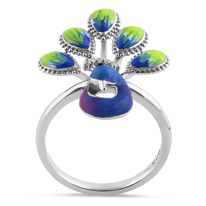 Sterling Silver Hand-Painted Royal Peacock Round Cut Clear CZ Ring