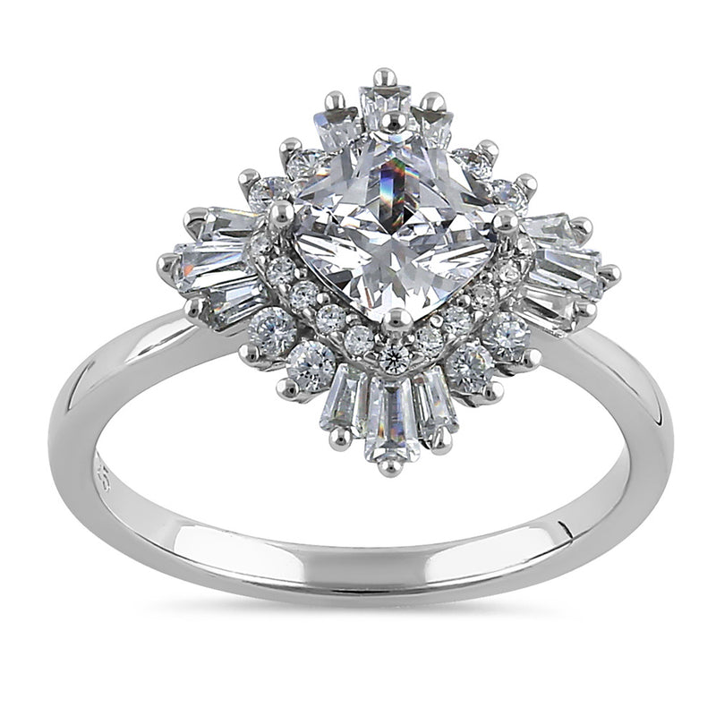 Sterling Silver Extravagant Cushion Halo Clear CZ Engagement Ring