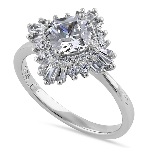 Sterling Silver Extravagant Cushion Halo Clear CZ Engagement Ring