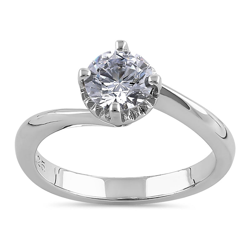 Sterling Silver Single Stone Curve Round Cut Clear CZ Engagement Ring