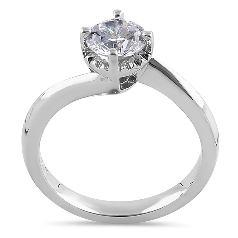 Sterling Silver Single Stone Curve Round Cut Clear CZ Engagement Ring