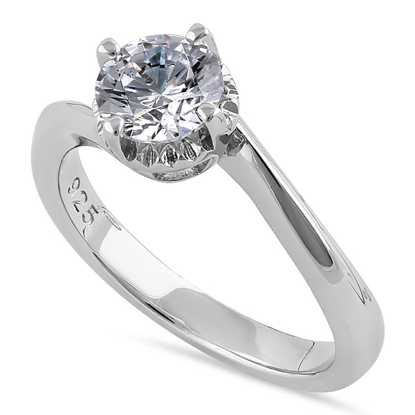 Sterling Silver Single Stone Curve Round Cut Clear CZ Engagement Ring