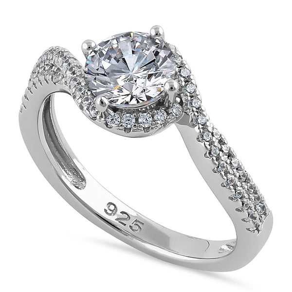 Sterling Silver Elegant Halo Wave Round Cut Clear CZ Engagement Ring