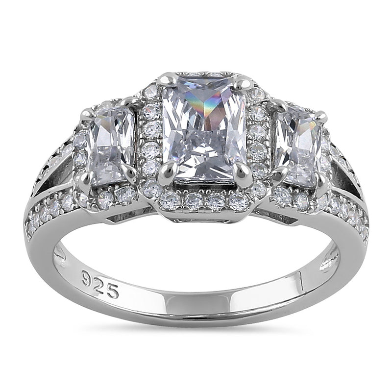 Sterling Silver Triple Rectangular Halo Clear CZ Engagement Ring