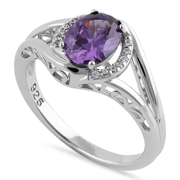 Sterling Silver Filigree Amethyst Oval Halo with Clear CZ Ring