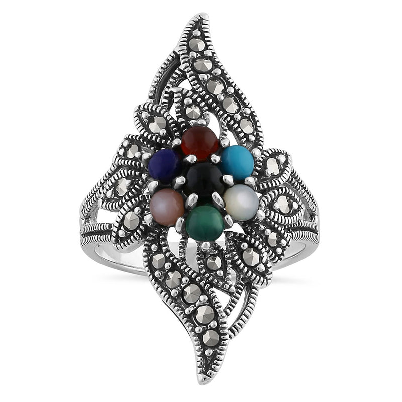 Sterling Silver Exquisite Multi-Color Pear Flower Marcasite Ring